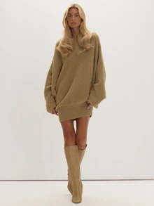 MUSEYN Brown Knit Off The Shoulder Oversized Sweater Dress Cosy Versatile Everyday Casual Fall - Camel - View 2