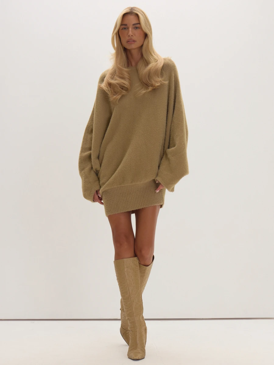 MUSEYN Brown Knit Off The Shoulder Oversized Sweater Dress Cosy Versatile Everyday Casual Fall - Camel - View 1