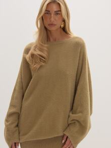MUSEYN Brown Knit Off The Shoulder Oversized Sweater Dress Cosy Versatile Everyday Casual Fall - Camel - View 5