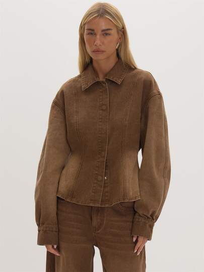 MUSEYN Brown Washed Denim Cinched Jacket Timeless Date Night Tailored Casual Everyday New Season Fall