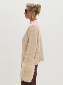 MUSEYN Cream Knit Shaggy Cuff Oversized Sweater Cosy Versatile Everyday Casual Fall - Apricot - View 3
