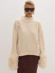 MUSEYN Cream Knit Shaggy Cuff Oversized Sweater Cosy Versatile Everyday Casual Fall - Apricot - View 1