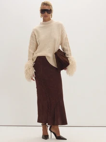 MUSEYN Cream Knit Shaggy Cuff Oversized Sweater Cosy Versatile Everyday Casual Fall - Apricot - View 2