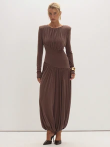 MUSEYN Chocolate Brown Shoulder Padded Fitted Waist Ruched Midaxi Dress - Coffee Brown - View 7