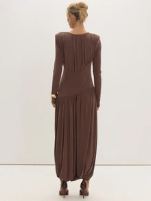 MUSEYN Chocolate Brown Shoulder Padded Fitted Waist Ruched Midaxi Dress - Coffee Brown - View 4