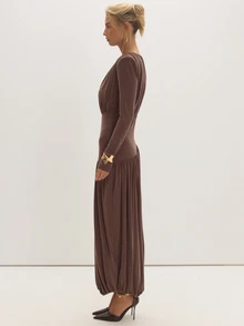MUSEYN Chocolate Brown Shoulder Padded Fitted Waist Ruched Midaxi Dress - Coffee Brown - View 3