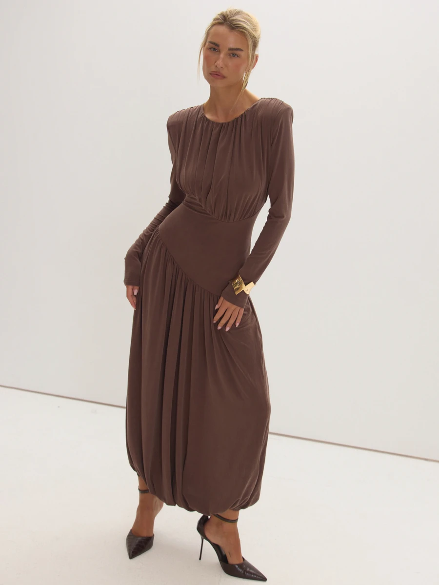 MUSEYN Chocolate Brown Shoulder Padded Fitted Waist Ruched Midaxi Dress - Coffee Brown - View 1