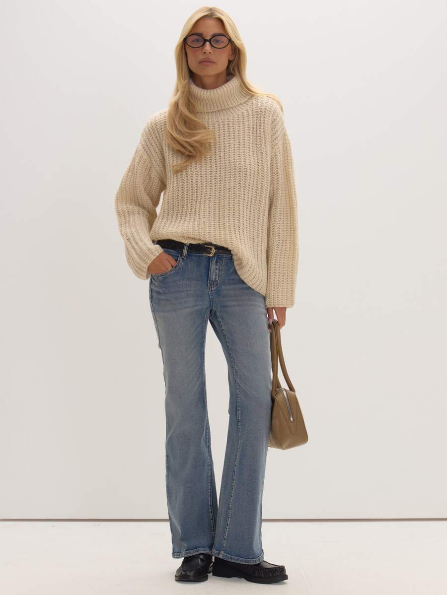 MUSEYN Cream Chunky Knit High Neck Sweater Cosy Versatile Everyday Casual Fall - Cream - View 1