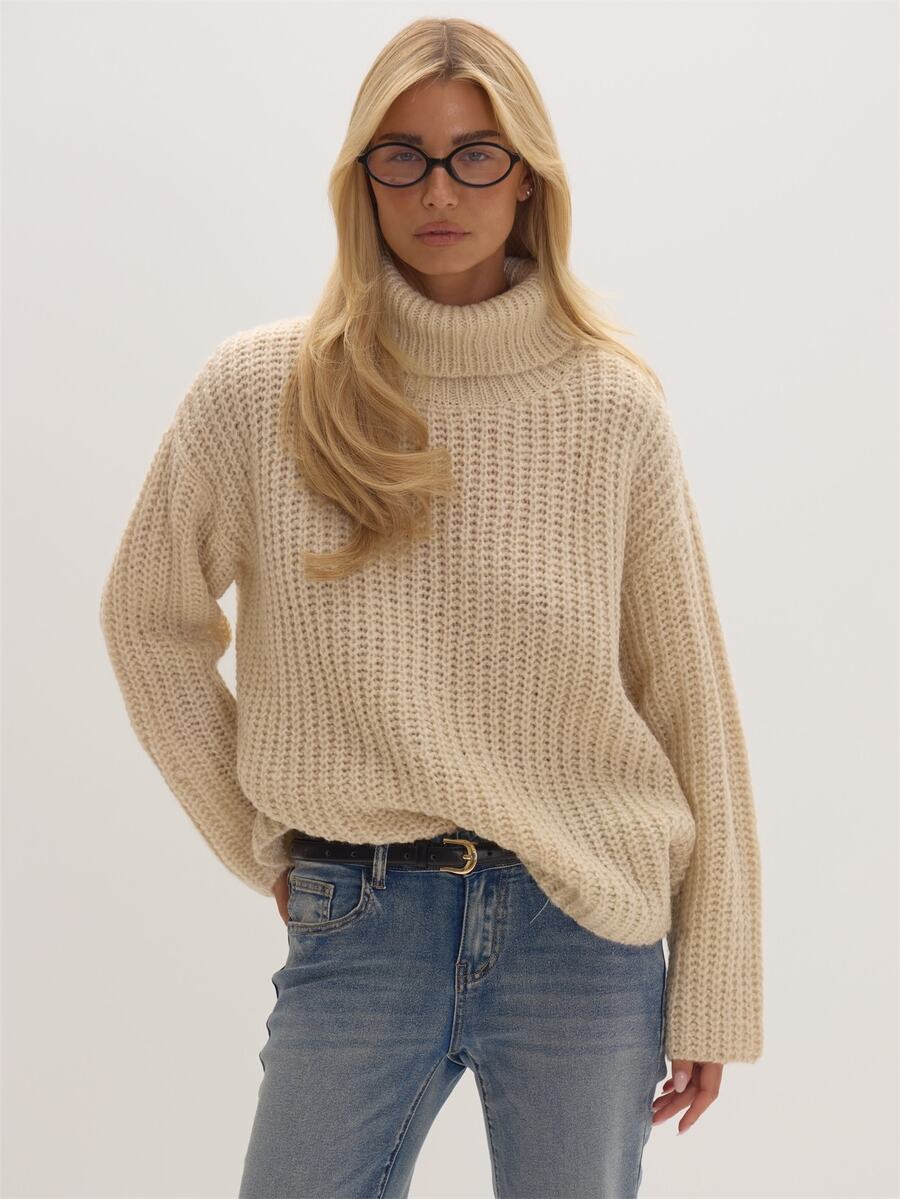 MUSEYN Cream Chunky Knit High Neck Sweater Cosy Versatile Everyday Casual Fall - Cream - View 1