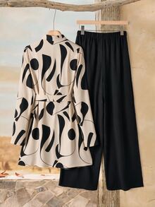 EMERY ROSE Women's Geometric Pattern Long Sleeve Shirt And Wide Leg Pants Casual 2 Pieces Set - Multicolor - View 2
