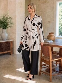 EMERY ROSE Women's Geometric Pattern Long Sleeve Shirt And Wide Leg Pants Casual 2 Pieces Set - Multicolor - View 5