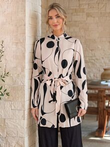 EMERY ROSE Women's Geometric Pattern Long Sleeve Shirt And Wide Leg Pants Casual 2 Pieces Set - Multicolor - View 4