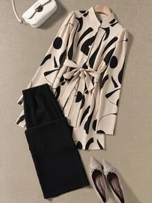 EMERY ROSE Women's Geometric Pattern Long Sleeve Shirt And Wide Leg Pants Casual 2 Pieces Set - Multicolor - View 9