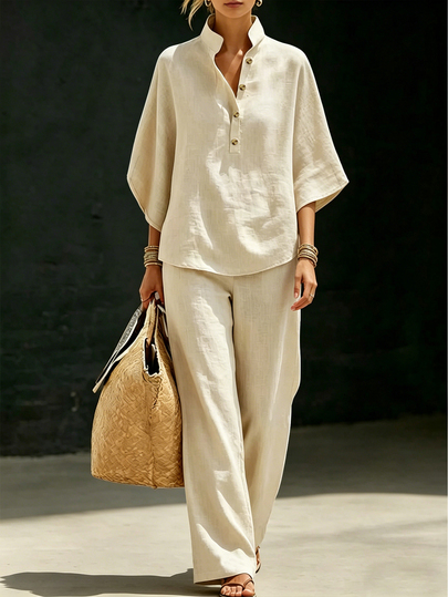 SHEIN Franclia 2pcs Apricot Vacation Set, Top And Wide-Leg Pants, Women's Countryside Style Elegant Outfit, Summer Holiday Beach Wear