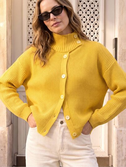 Dayvera Women's  Yellow High Neck Knit Cardigan, Long‑Sleeve Button‑Down Cropped Sweater, Loose Casual Outerwear For Autumn Winter, Going Out Fall Clothes
