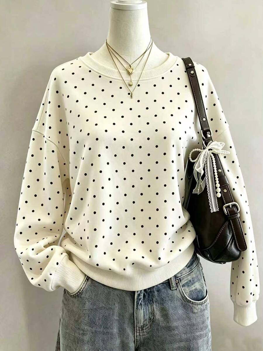 Lalippa Sweatshirt Wanita Motif Polka Dot, Kerah Bulat Reguler, Bahu Longgar - Putih - View 1