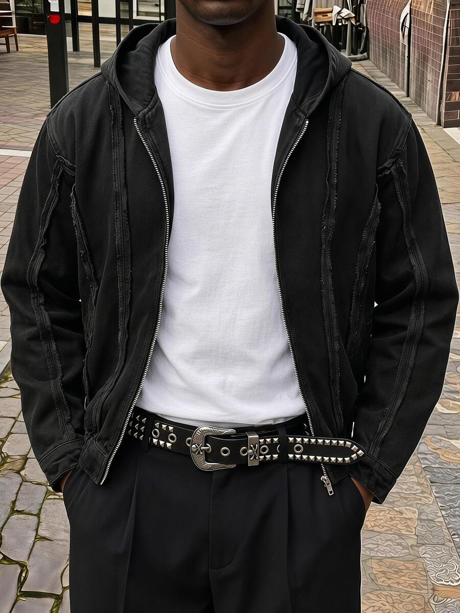 AXEPEAK Men's Hooded Washed Black Zip-Up Jacket - Black - View 1