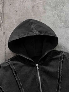 AXEPEAK 男士連帽水洗黑拉鍊夾克 - 黑色 - 查看 4