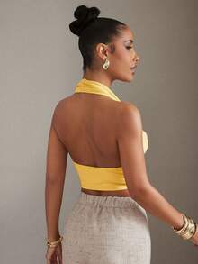 Hauture Women's Solid Color Sexy Fashion Draped Neck Top - Mustard Yellow - View 2
