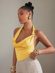 Hauture Women's Solid Color Sexy Fashion Draped Neck Top - Mustard Yellow - View 5