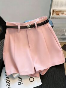 Franclia 休闲通勤时尚百搭中高腰系带夏季新款纯色女式短裤 - 粉色 - 查看 3