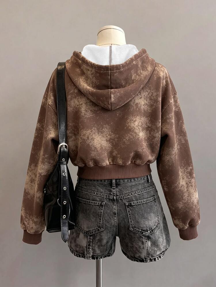 Lalippa Autumn/Winter American Vintage Tie Dye Tiger Print Cropped Hoodie Jacket, Full Zip Loose Drop Shoulder High Waist Long Sleeve Top, Casual For Women - Multicolor - View 3