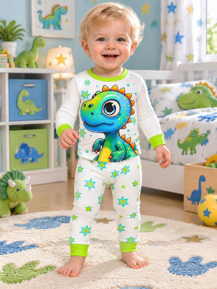 SHEIN Baby Boy 3D Dinosaur Glow In Dark UV Light Activated Pattern Long Sleeve Rashguard Top And Leggings 2 Pieces Pajama Set - Apricot - View 2