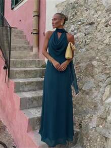 Aloruh Women's Solid Color Cowl Neck A-Line Halter Backless Dress With Bow Tie Wedding Dinner Dark Green Summer Sexy - Teal Blue - View 6