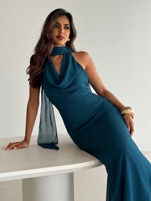 Aloruh Women's Solid Color Cowl Neck A-Line Halter Backless Dress With Bow Tie Wedding Dinner Dark Green Summer Sexy - Teal Blue - View 2