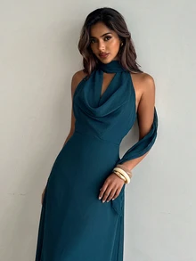 Aloruh Women's Solid Color Cowl Neck A-Line Halter Backless Dress With Bow Tie Wedding Dinner Dark Green Summer Sexy - Teal Blue - View 3