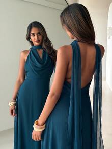 Aloruh Women's Solid Color Cowl Neck A-Line Halter Backless Dress With Bow Tie Wedding Dinner Dark Green Summer Sexy - Teal Blue - View 5