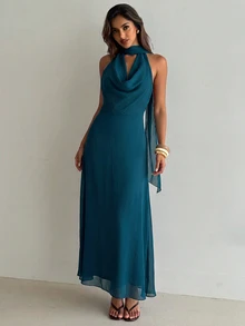 Aloruh Women's Solid Color Cowl Neck A-Line Halter Backless Dress With Bow Tie Wedding Dinner Dark Green Summer Sexy - Teal Blue - View 8