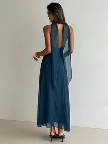 Aloruh Women's Solid Color Cowl Neck A-Line Halter Backless Dress With Bow Tie Wedding Dinner Dark Green Summer Sexy - Teal Blue - View 7