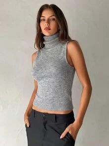 Aloruh Atasan Tank Top Wanita Model Terbaru Musim Gugur/Dingin, Streetwear, Sehari-hari, Leher Tinggi, Tanpa Lengan, Pas Badan, Bergaris, Warna Oatmeal - Light Grey - View 4
