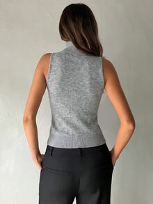 Aloruh Atasan Tank Top Wanita Model Terbaru Musim Gugur/Dingin, Streetwear, Sehari-hari, Leher Tinggi, Tanpa Lengan, Pas Badan, Bergaris, Warna Oatmeal - Light Grey - View 2
