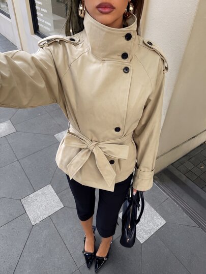 Aloruh Women's Autumn/Winter New Camel Color Elegant Fashionable Minimalist Casual Daily Commute Romantic Date Street Style Charming Vintage Stand Collar Tie-Front Trench Coat Jacket