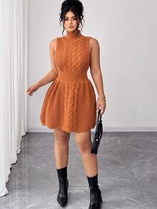 Elenzga Plus Size Women's Autumn/Winter Knit Vest Dress With Ruffle Hem And Umbrella Dress, Solid Color - Brown - View 5