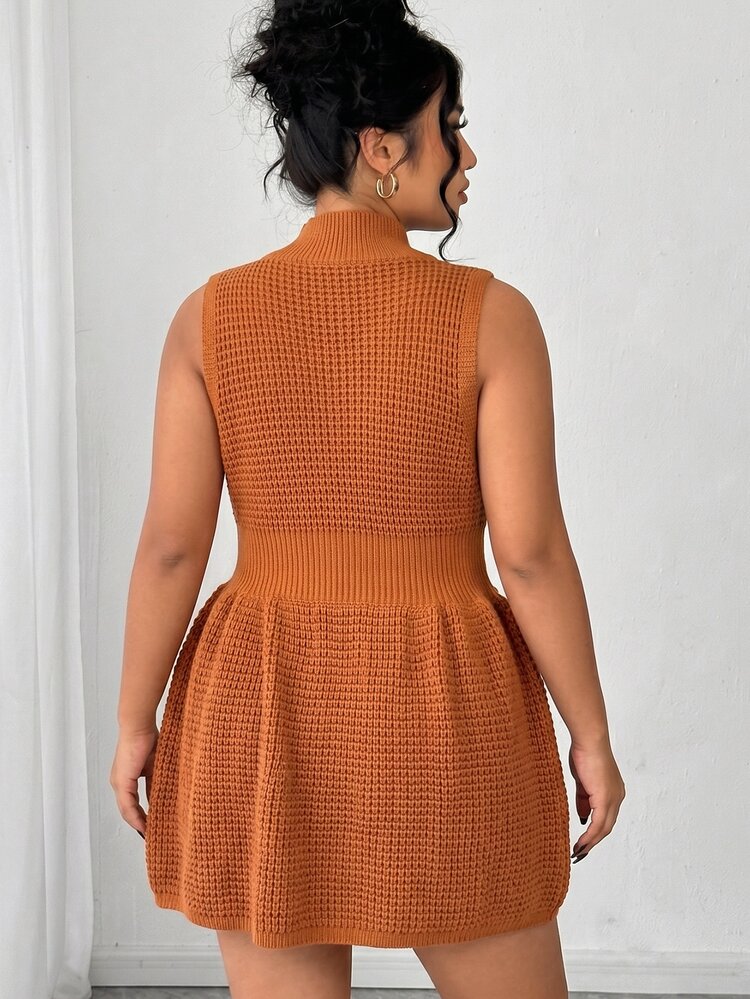 Elenzga Plus Size Women's Autumn/Winter Knit Vest Dress With Ruffle Hem And Umbrella Dress, Solid Color - Brown - View 2