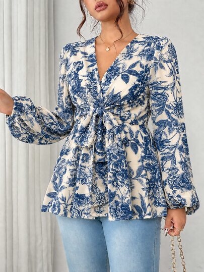 Elenzga Women's Plus Size V-Neck Semi-Sheer Long Sleeve Cross Tie Cinched Waist Cinched Elegant Blouse Going Out Tops