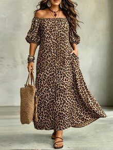 SHEIN LUNE CURVE Damen Mode Leopardenmuster Off-Shoulder Kleid, elegantes Puffärmel Vollerock Maxi Kleid, vielseitig für Frühling Sommer Herbst, tägliche Pendler, Urlaub, Lässig, Große Größen - Verschiedenfarbig - Übersicht 6