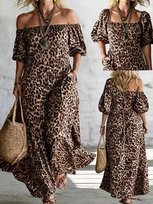 SHEIN LUNE CURVE Damen Mode Leopardenmuster Off-Shoulder Kleid, elegantes Puffärmel Vollerock Maxi Kleid, vielseitig für Frühling Sommer Herbst, tägliche Pendler, Urlaub, Lässig, Große Größen - Verschiedenfarbig - Übersicht 1