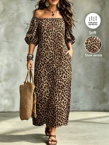 SHEIN LUNE CURVE Damen Mode Leopardenmuster Off-Shoulder Kleid, elegantes Puffärmel Vollerock Maxi Kleid, vielseitig für Frühling Sommer Herbst, tägliche Pendler, Urlaub, Lässig, Große Größen - Verschiedenfarbig - Übersicht 3