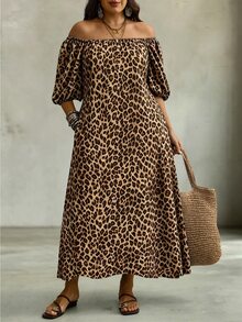 SHEIN LUNE CURVE Damen Mode Leopardenmuster Off-Shoulder Kleid, elegantes Puffärmel Vollerock Maxi Kleid, vielseitig für Frühling Sommer Herbst, tägliche Pendler, Urlaub, Lässig, Große Größen - Verschiedenfarbig - Übersicht 4