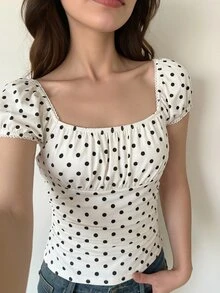 SHEIN 青少年女孩黑白波點印花短袖修身T恤，深方領花卉蕾絲網紗泡泡袖上衣，適合茶會、度假、夏季、母親節、畢業典禮、日常、出遊、假日穿著，時尚女孩休閒可愛新風格，返校、輕鬆氛圍、少女風T恤上衣 - 彩色 - 查看 1