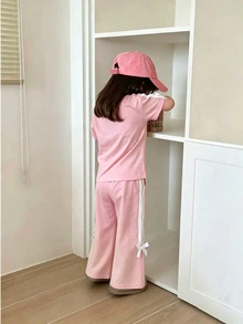 Souflis Souflis 2件套女婴0-3岁休闲百搭街头风粉色T恤和裤子套装 - 粉色 - 查看 3