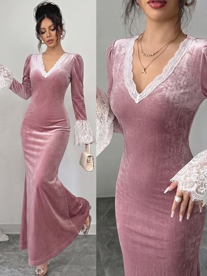 Elenzga Autumn/Winter Casual Party Commute Velvet Fabric Deep V-Neck Lace Trim Patchwork Flare Sleeve Fitted Waist Mid-Length Women's Dress Elegant Outfit Fashion Pink Dress Party Wear
