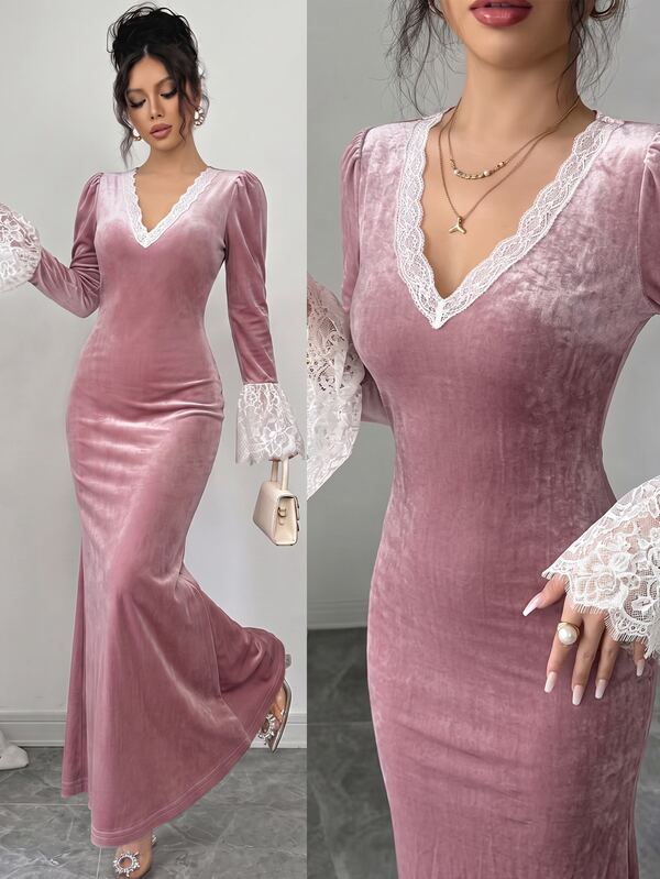 Elenzga Autumn/Winter Casual Party Commute Velvet Fabric Deep V-Neck Lace Trim Patchwork Flare Sleeve Fitted Waist Mid-Length Women's Dress Elegant Outfit Fashion Pink Dress Party Wear