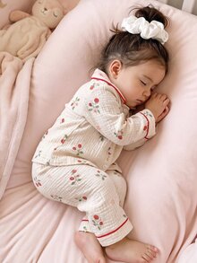 SHEIN 1套女嬰棉質睡衣，充滿俏皮自然氛圍，淺米色上衣搭配經典翻領設計，領口、袖口與下擺有對比色滾邊，長袖長褲睡衣套裝，含4款不同圖案：花朵、熊、蝴蝶結、草莓與兔子 - 彩色 - 查看 3