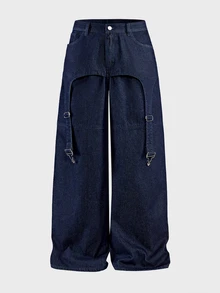 AXEPEAK Men's Gourd Buckle Decor Washed Vintage Long Pants - Blue - View 9