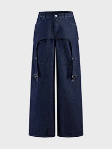 AXEPEAK Men's Gourd Buckle Decor Washed Vintage Long Pants - Blue - View 2